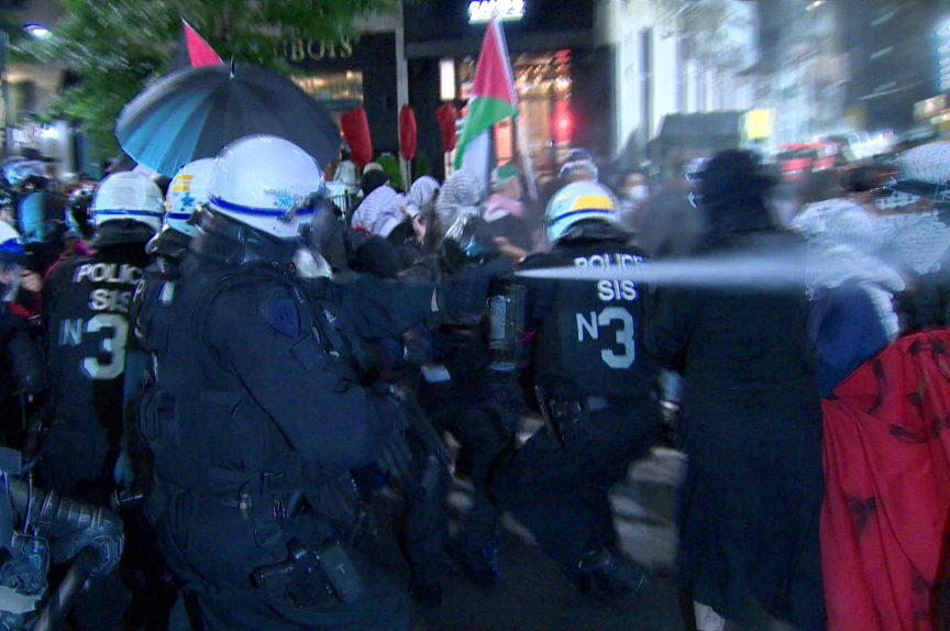 Tear gas used as pro-Palestinian protesters, Montreal police clash – CTVNews MontrealGN notes: “Some of them wore masks and behaved in a hostile manner,” said Véronique Dubuc, a spokesperson with Montreal police.”  Masked protestors participating in tumultuous disruption of the peace are subject to an indictable offence and liable to imprisonment for a term of not more than 10 years.  My guess is no one will face justice. Prove me wrong.