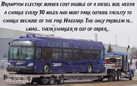 Hey Justin, aren’t you in Brampton this evening?  Drop by for a photo-op. – SaskLass on XGN notes: “Brampton Electric busses cost double of a diesel bus, needs a charge every 30 miles and must park outside facility to charge because of the fire hazard.  The only problem is… LMAO… their charger is out of order…”