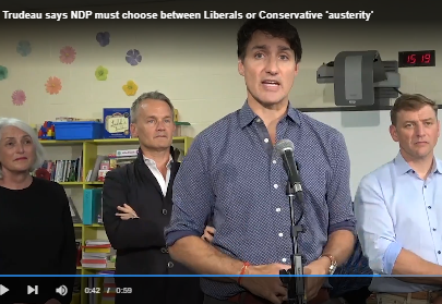 VIDEO: Trudeau says NDP must choose between Liberals or Conservative ‘austerity’ – The Canadian PressGN notes: “Austerity” is exactly what the Liberals have delivered. Canadians can no longer buy a house or afford paying rent, food cost is such that families have a hard time feeding their kids, while insolvencies and bankruptcies are up year after year. It’s hard to listen to such a contemptible liar.