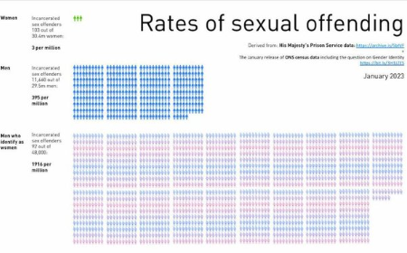 Sex offending rate of women: 3 per one million Sex offending rate of men: 395 per million Sex offending rates of transwomen: 1,916 per million – i/o on XGN notes: So-called experts tell us that men who identify as women are normal, statistics says otherwise.