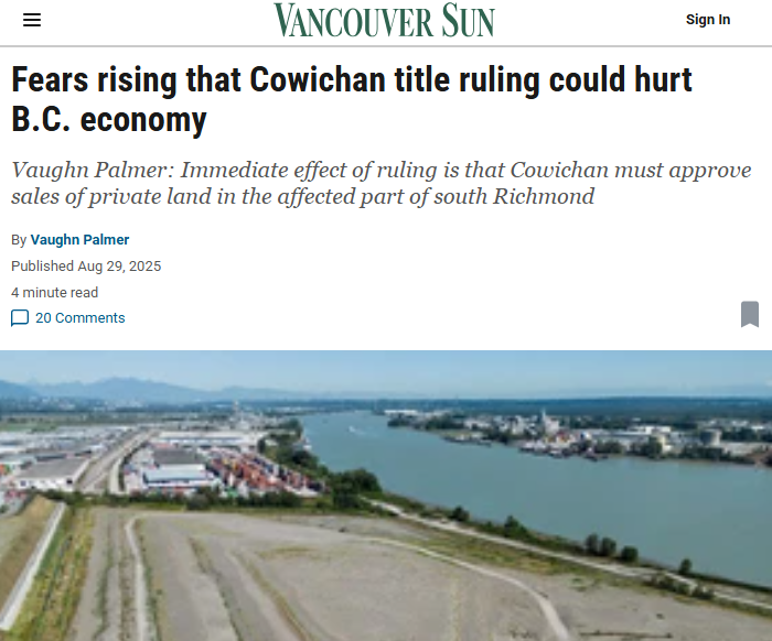 Fears rising that Cowichan title ruling could hurt B.C. economy – Vancouver SunGN notes: “People wanting to invest in forestry, mining, housing or anything else, they are all asking what does this mean for private property rights”  Without private property, there is no country. Canada’s legal rights can’t depend on indigenous lineage.