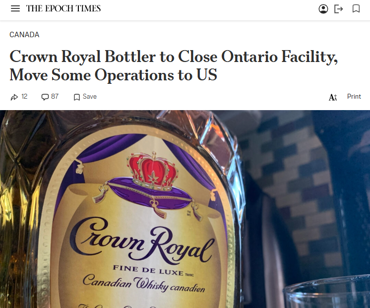Crown Royal Bottler to Close Ontario Facility, Move Some Operations to US – The Epoch TimesGN notes: Tariffs are functioning as Trump intends, promoting American-made products for American consumers. Globalism is fading, and Liberals need to grasp this new reality. Boycotts will not stop this trend.
