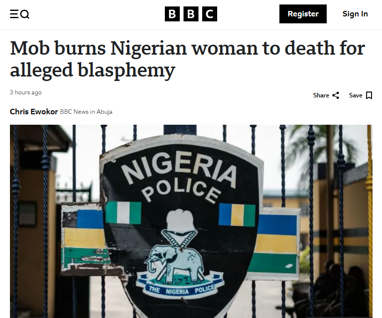 Mob burns Nigerian woman to death for alleged blasphemy – BBCGN notes: Mob justice is supported by Sharia law for offending Mahomet. “Such killings are not uncommon in northern Nigeria.” Muslim values are Canadian values, says Mark Carney.