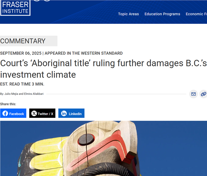 Court’s ‘Aboriginal title’ ruling further damages B.C.’s investment climate – Fraser InstituteGN notes: The last thing B.C. needs is more uncertainty over land ownership. But BC NDP is a socialist party property rights. With Canada’s woke courts, soon enough Canadians will be told to return to Europe because the land belongs to Aboriginals. Clown World.