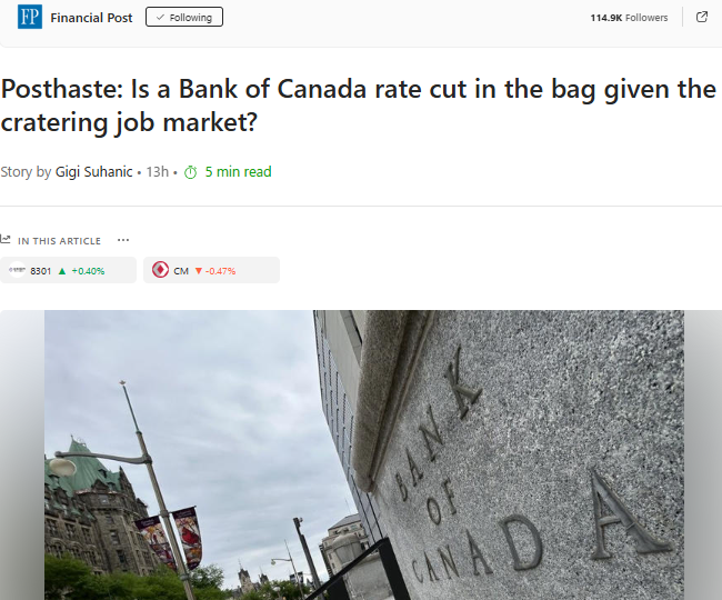 Is a Bank of Canada rate cut in the bag given the cratering job market? – Financial PostGN notes: Carney didn’t deliver a single promise since elected. No investment in big projects, no trade deal… elbow down all the way. The “great banker” is a laughing stock. Rate cut will not solve the financial waste and inflation (money printer) Liberals are addicted to!