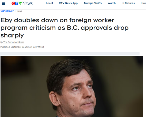 Eby doubles down on foreign worker program criticism as B.C. approvals drop sharply – Vancouver SunGN notes: When leftists feel obliged to agree with conservative views, you know the wind isn’t blowing their way. Eby said B.C. “can’t have an immigration system that fills up our homeless shelters and our food banks” and “results in high unemployment.”