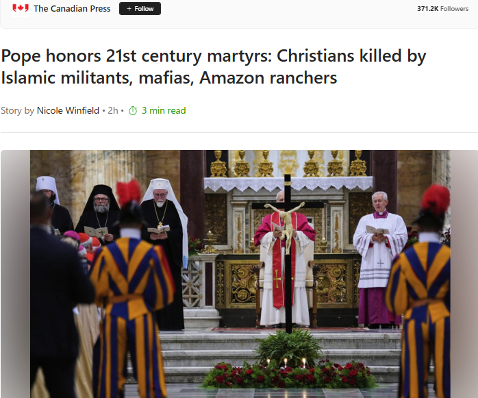 Pope honors 21st century martyrs: Christians killed by Islamic militants, mafias, Amazon ranchers – The Canadian PressGN notes: Pope Leo XIV on Sunday honored hundreds of Christians who have been killed for their faith in the 21st century, praising their courage and lamenting that their numbers were growing in many parts of the world.