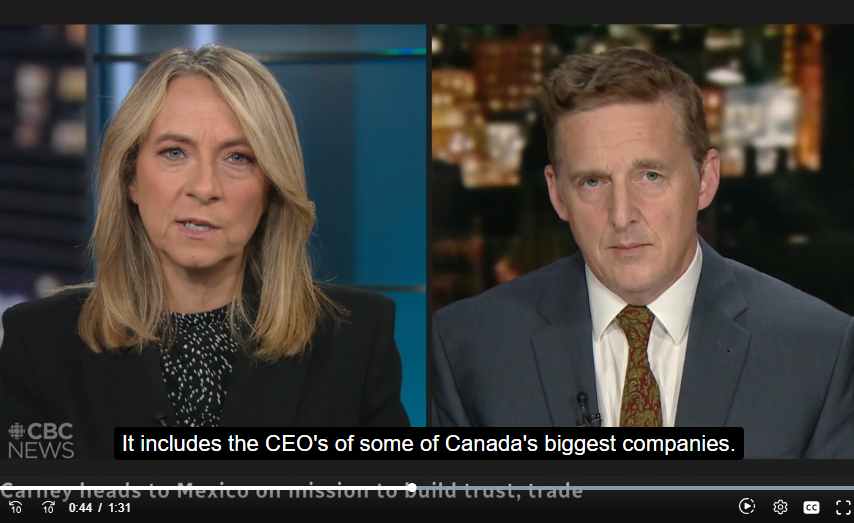 VIDEO: Mexico calls for more trade with Canada ahead of Carney visit – CBC NewsGN notes: Carney travels to Mexico with Canada CEOs bragging about $46.4 billion in investments there. Instead of bringing investments here, Carney transfers mining jobs abroad. Red tape is so bad here, companies invest abroad… and Liberals help them. Genuis!