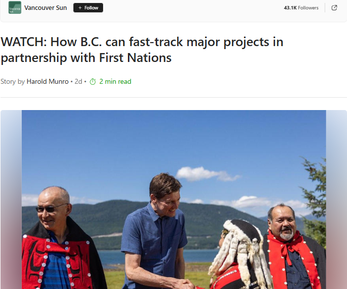 How B.C. can fast-track major projects in partnership with First Nations – Vancouver SunGN notes: Why are projects partnered with First Nations prioritized for fast-tracking? Canadians pay taxes, while First Nations are exempt, yet they receive preferential treatment. Tax avoidance and racial bias is considered wrong, but not in Canada.