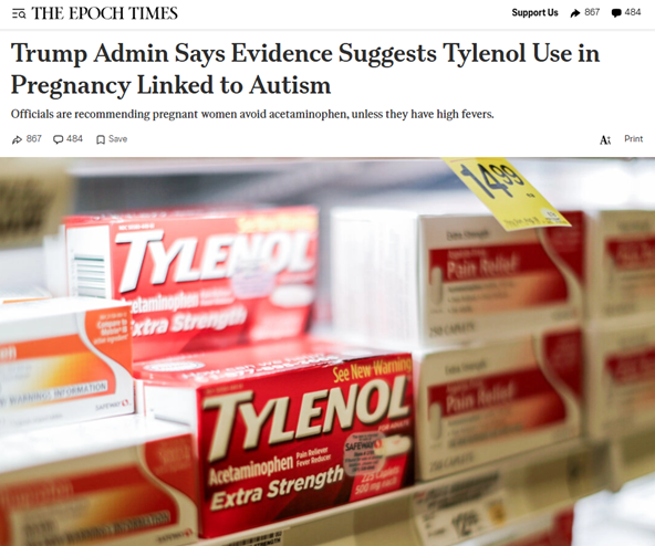 Trump Admin Says Evidence Suggests Tylenol Use in Pregnancy Linked to Autism – TheEpochTimesGN notes: Officials are recommending pregnant women avoid acetaminophen, unless they have high fever. Even if this isn’t 100% sure, I would say better safe than sorry. What are the Canadian officials saying?