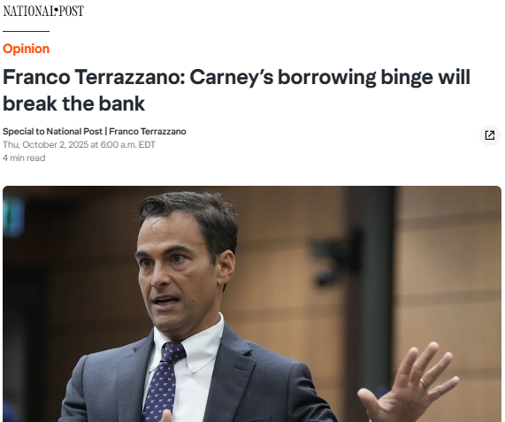 Carney’s borrowing binge will break the bank – National BankGN notes: Budget Officer Jason Jacques: “The current path we’re on in terms of federal debt as the share of the economy is unsustainable.” Carney is spending $17B more this year that Trudeau did last year. Carney was supposed to be the adult in the room, clearly he’s not.